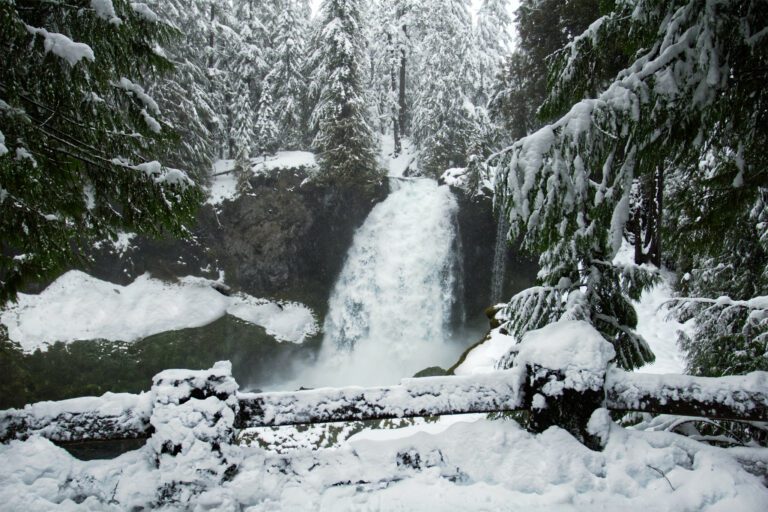 Sahalie Falls in southern Willamette Valley near Belknap Springs shown with snow in January 2024 
